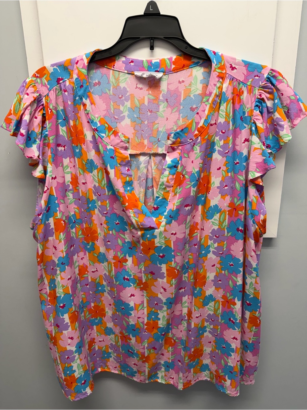 Pink Floral Keyhole Flutter-Sleeve Blouse
